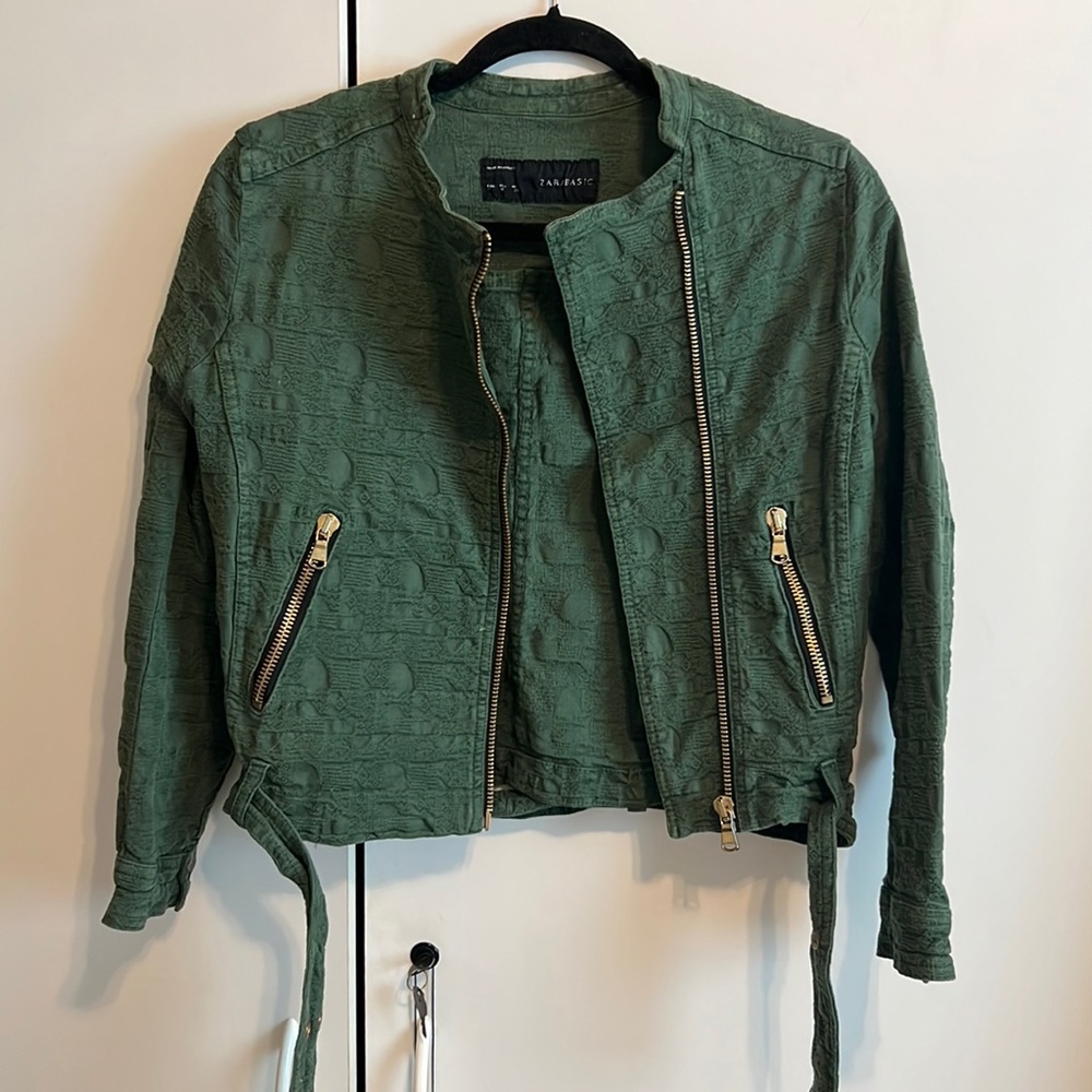 Zara Green Jacquard Moto Jacket - Medium